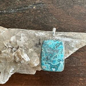 Laguna Lace Agate Aqua Blue Rectangle Sterling Silver Plated Pendant